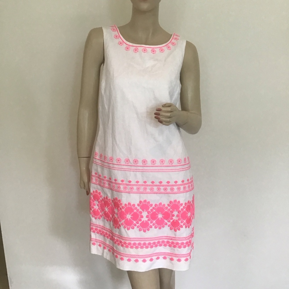 NEW Vineyard Vines Pink White Caribbean Floral Embroidered Linen Shift Dress 2‎